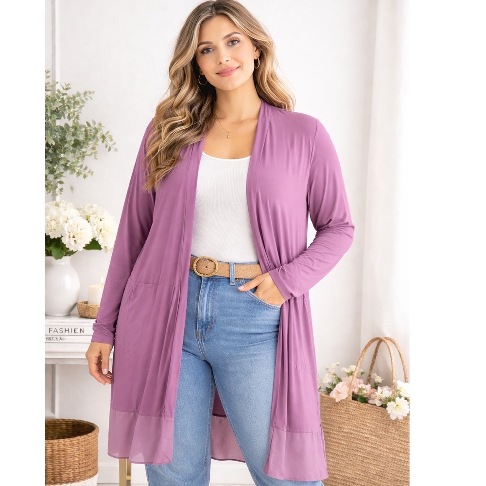 Lori Goldstein LOGO Purple Open Front Cardigan Sheer‎ Trim Pockets XL